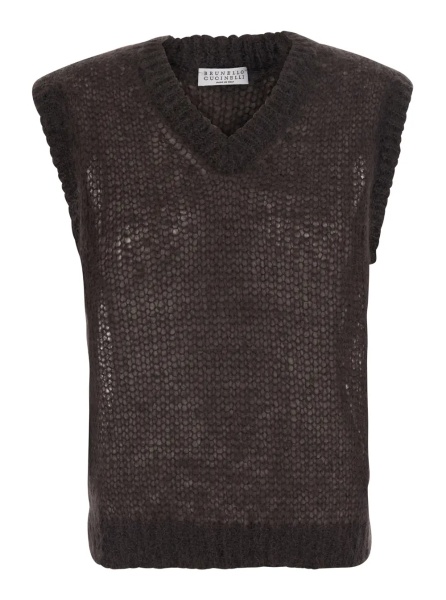 Topuri Brown Sleeveless top with V-neck and Monile detail in Blend wool for women