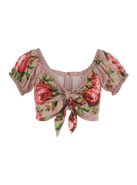 Topuri Pink Floral Print Crop Top with Double Knot In Cotton for Women