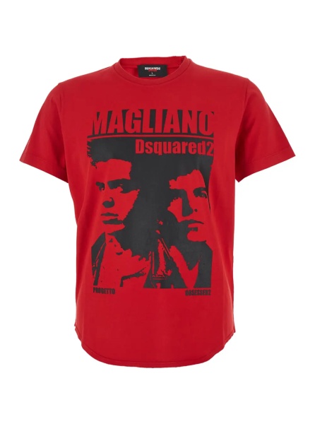 Tricou 'D2 x Magliano' Red Crewneck T-Shirt with Maxi Print on the Front in Cotton Man