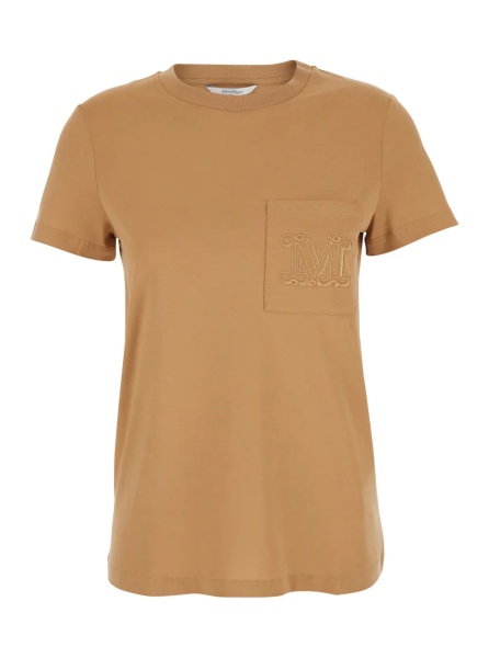 Tricou 'Papaia' Beige Crewneck T-Shirt with One Front Patch Pocket with Logo Embroidery in Cotton Woman