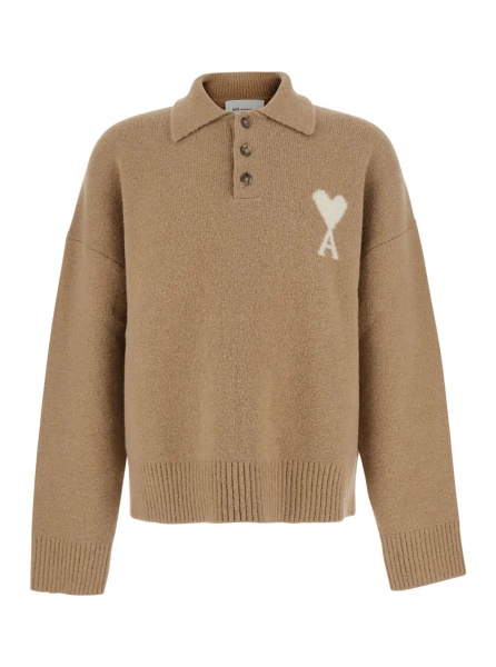 Tricou Polo Beige Sweater with Polo Collar and ADC Embroidery on the Front in Wool for Men