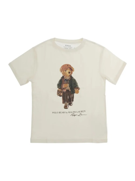 Tricou Polo beige T-shirt with Polo Bear print on the front in cotton for Boy