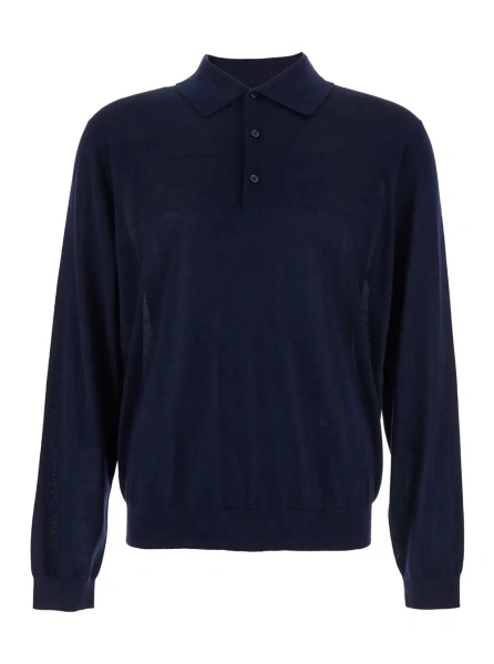 Tricou Polo Blue Polo Shirt with Classic Collar and Ribbed Trims in Wool Man