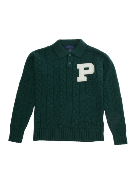 Tricou Polo green Sweater with polo collar and embroidered logo on the front in cotton and wool boy
