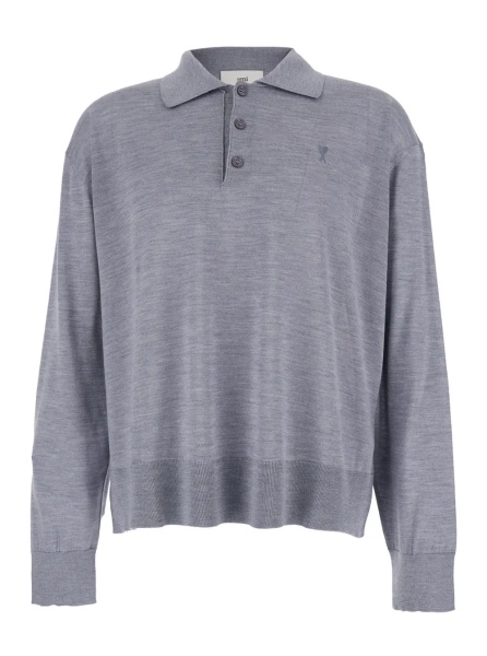 Tricou Polo Grey Polo Shirt with Classic Collar and ADC Embroidery on the Front in Wool and Silk Blend Man