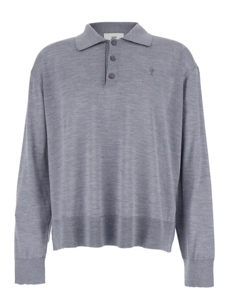 Tricou Polo Grey Polo Shirt with Classic Collar and ADC Embroidery on the Front in Wool and Silk Blend Man
