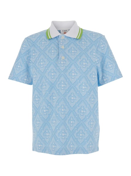 Tricou Polo Light Blue Polo Shirt with Classic Bicolor Collar and All-Over Embroidery in Cotton Blend Man