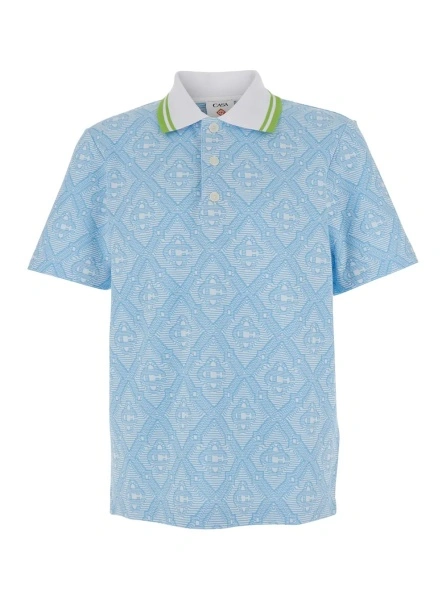 Tricou Polo Light Blue Polo Shirt with Classic Bicolor Collar and All-Over Embroidery in Cotton Blend Man