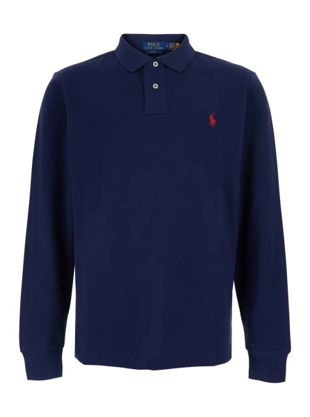 Tricou Polo 'Slim Fit' Blue Polo Shirt with Long Sleeves and Pony Embroidery on the Front in Cotton for Men