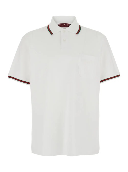Tricou Polo White Polo Shirt with Web Detail on Collar and Sleeves and Tone-on-Tone Logo Lettering on the Front in Cotton for Men