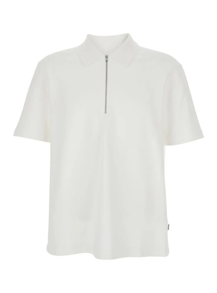 Tricou Polo White Polo with Classic Collar and Front Zip Closure in Cotton for Men