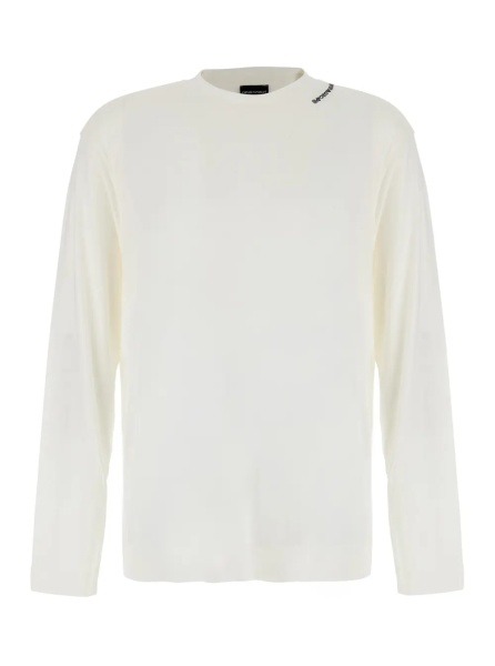 Tricou white Long Sleeve T-shirt with logo on the collar in modal for men