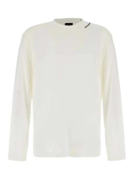 Tricou white Long Sleeve T-shirt with logo on the collar in modal for men