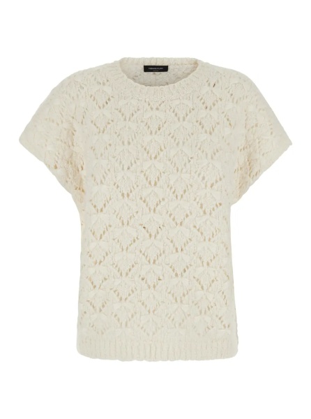 Tricou white T-SHIRT with round neck and braided work in wool Blend women