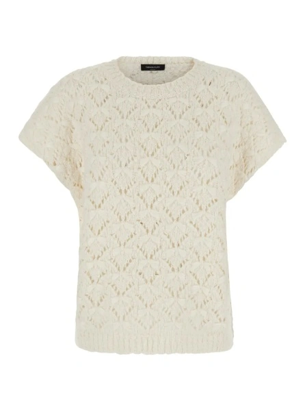 Tricou white T-SHIRT with round neck and braided work in wool Blend women