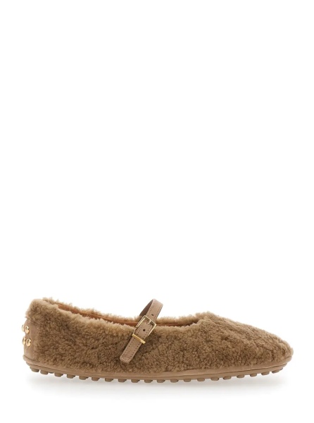 Balerini Beige Ballet Shoes with Adjustable Strap Closure in Fur for Women