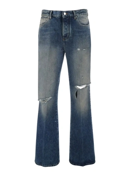 Blugi Blue Men's Jeans with Front Rips and Logo Patch on the Back