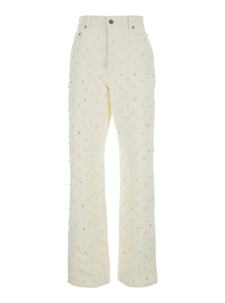 Blugi White Jeans with Belt Loops and All-Over Crystal Decoration in Denim for Women
