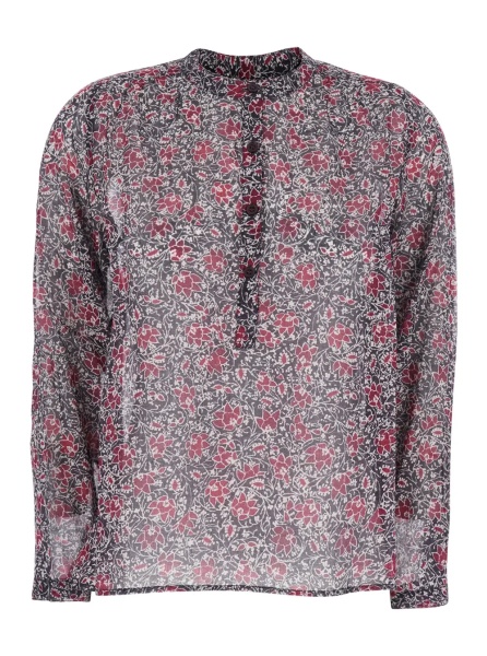 Bluza 'Maria' Purple Blouse with Serafino Neckline with Buttons and Floral Print in Cotton for Women