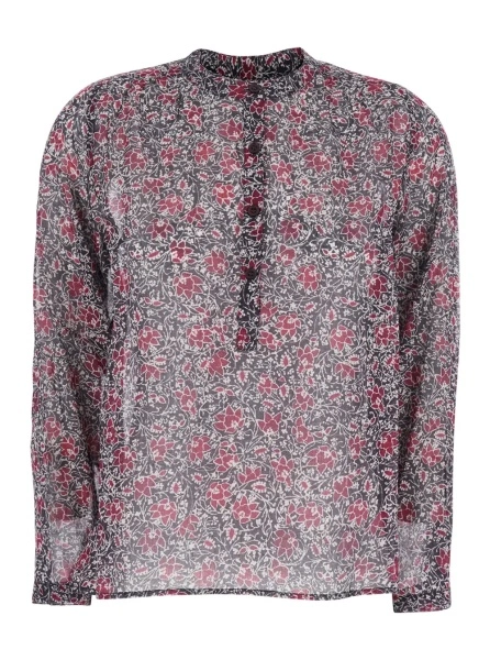 Bluza 'Maria' Purple Blouse with Serafino Neckline with Buttons and Floral Print in Cotton for Women