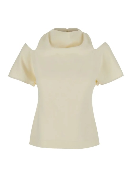 Bluza White Blouse with round neck and cut-out on the shoulders in blend silk for women