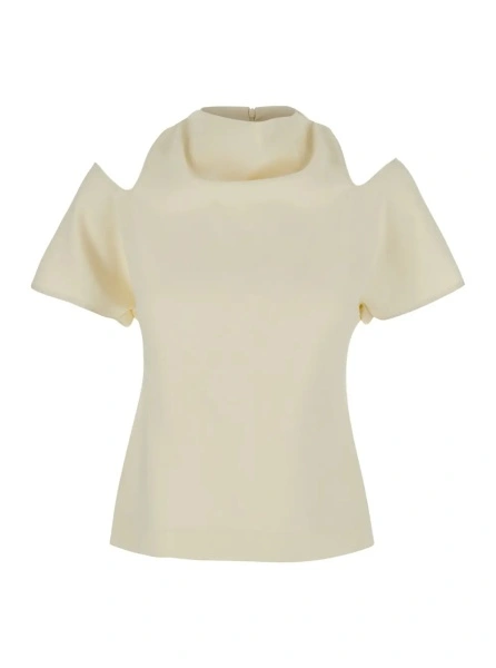 Bluza White Blouse with round neck and cut-out on the shoulders in blend silk for women
