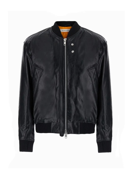 Bomber Leather bomber jacket with long sleeves and front closure, in leather, black color, unisex