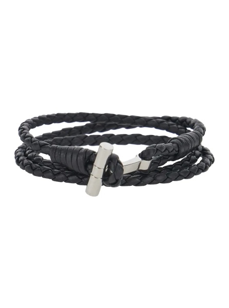 Bratari Black String Bracelet with Woven Design and Metal Plate Closure in Leather for Men