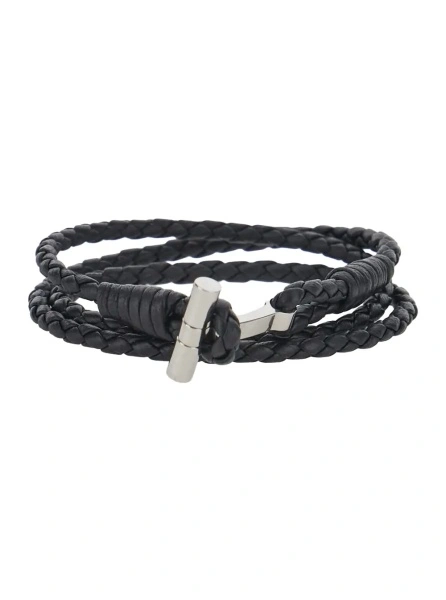 Bratari Black String Bracelet with Woven Design and Metal Plate Closure in Leather for Men