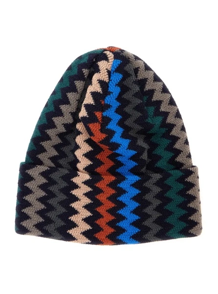 Caciula Black beanie with turn-up brim ZigZag motif in wool blend for men