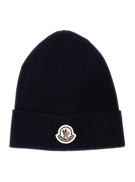 Caciula Blue Beanie with ribbed trim and logo patch on the front in wool blend for men