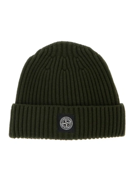 Caciula Green Beanie with Ribbed Design and Logo Patch on Front in Wool Boy