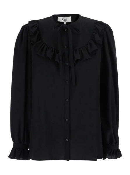 Camasa Black Shirt with Front Knot and Cuffs with Straps in Silk for Women