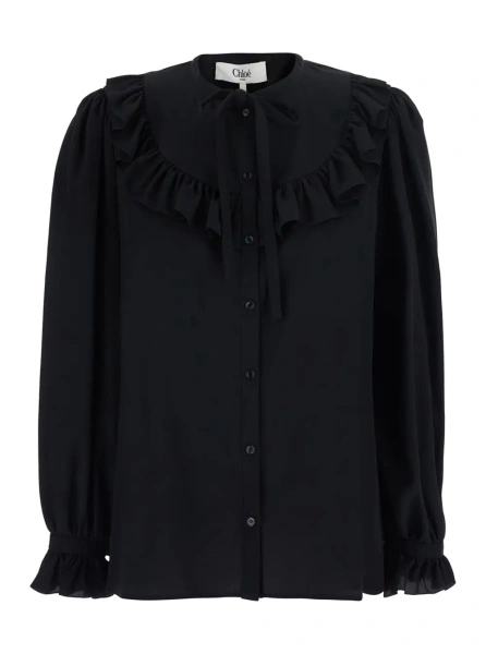 Camasa Black Shirt with Front Knot and Cuffs with Straps in Silk for Women