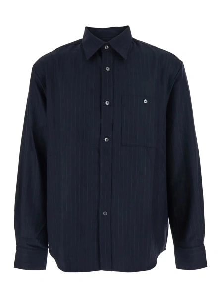 Camasa Blue Pinstriped Shirt with Pointed Collar in Wool Blend Man