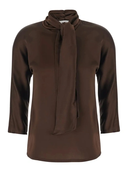 Camasa Brown Top with Bow Detail on the Neck in Silk for Women