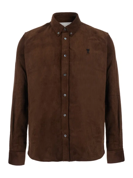 Camasa Classic men's brown shirt with button-down collar and fabric