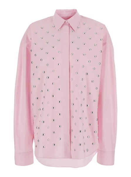 Camasa Pink Shirt with classic collar and stud decoration on the front in cotton for women