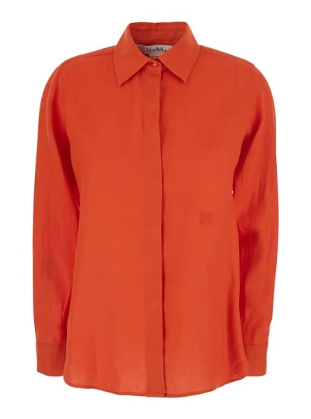 Camasa Red Shirt with classic collar and tone-on-tone logo embroidery in linen for women