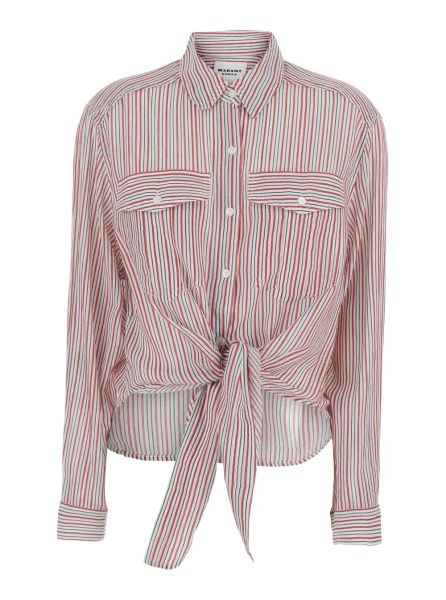 Camasa Shirt 'Nath' with Bow on the Front and All-Over Stripe Motif in Red Cotton for Women
