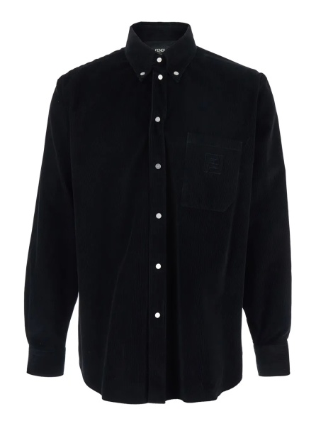 Camasa Shirt with Button-Down Collar and FF Embroidery on Front in Black Ribbed Cotton for Men