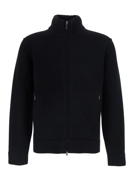 Cardigan black Cardigan with high collar and zip closure in merino wool for men