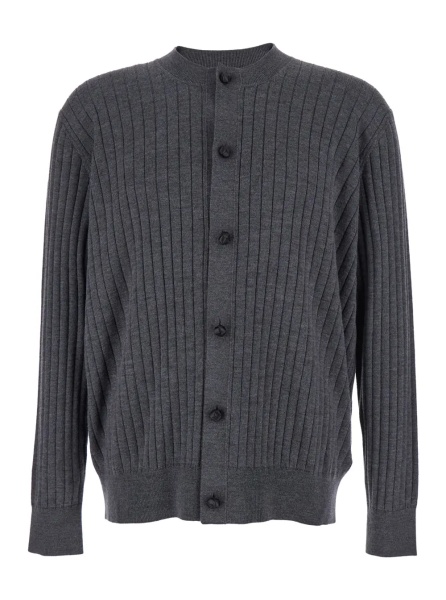 Cardigan Grey Crewneck Cardigan with Front Button Closure and Ribbed Knit in Wool Man