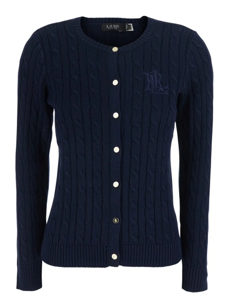 Cardigane blue Crew neck cardigan with cable knit and logo on the front in cotton Blend women