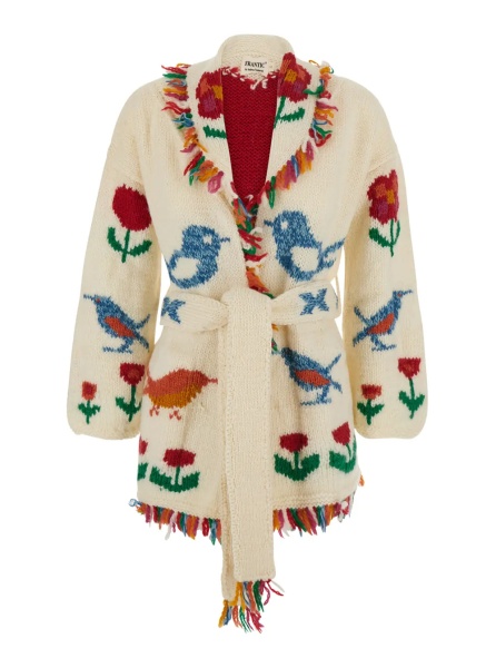Cardigane 'Fairy Bird' Multicolor Cardigan with Front Belt and All-Over Embroidery in Wool for Women