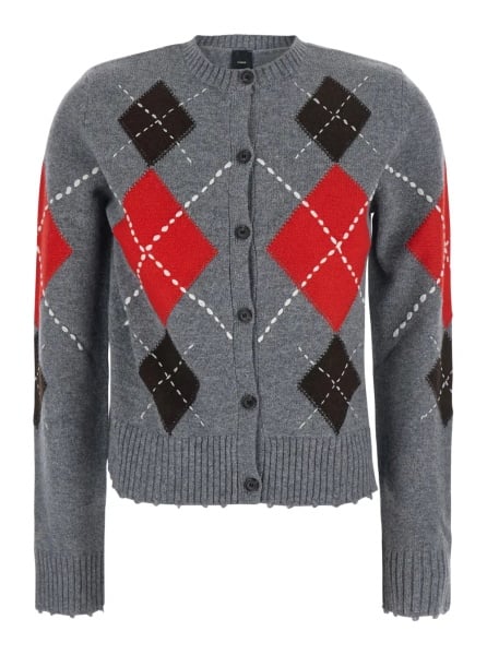 Cardigane Multicolor Crewneck cardigan with all-over argyle motif in wool and cashmere for women