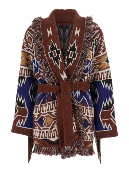 Cardigane 'The Amazing Journey' Multicolor cardigan with fringed hem and all-over geometric embroidery in wool for women
