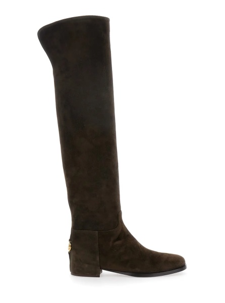 Cizme Brown Knee-High Boots with Back Logo Plaque in Suede Woman
