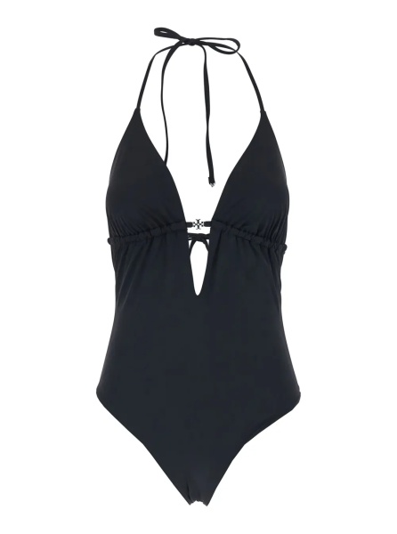 Costum de baie Black One-Piece Swimsuit with Knot Closure and Logo Plate on the Front in Tech Fabric for Women