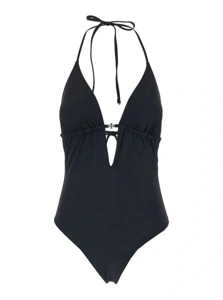 Costum de baie Black One-Piece Swimsuit with Knot Closure and Logo Plate on the Front in Tech Fabric for Women